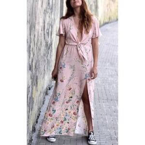 Zara Woman Pink Floral Maxi Dress Tie Front Flutter Sleeve Slit Medium